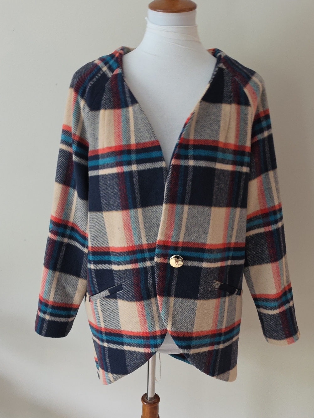 Alice's Pig  Navy and Tan Plaid Hooded Coat